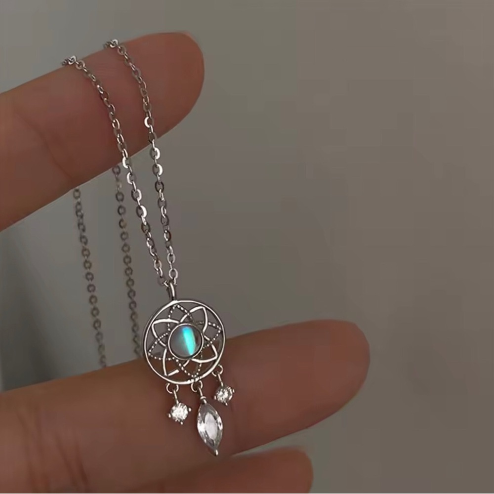 Silver Blue Moonstone Dreamcatcher Pendant Necklace
